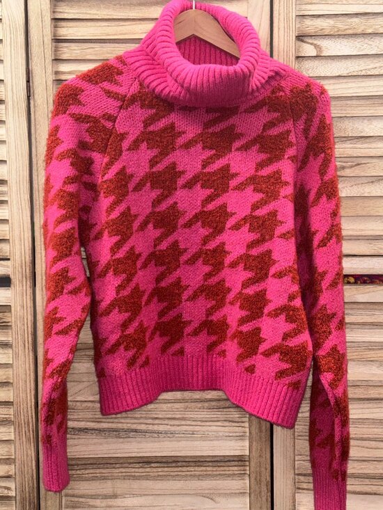 Mango Sweaters - Mango Hot Pink & Red Houndstooth Turtleneck Sweater S NWOT